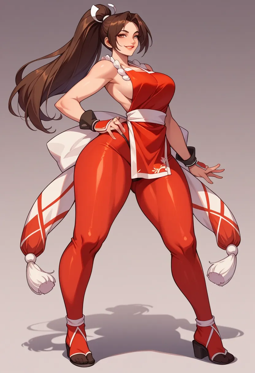 (  Masterpiece ,  lips),  Brown Hair Ponytail,  seductive poses、mai shiranui、Red Shinobi Suit 、  contrast publication  、apron、Band、T-back pants  、Bare Legs、  thigh-high boots 、（（full-length portrait））（ Full Body Illustration）、  thick thighs 、、Thong Leotard...