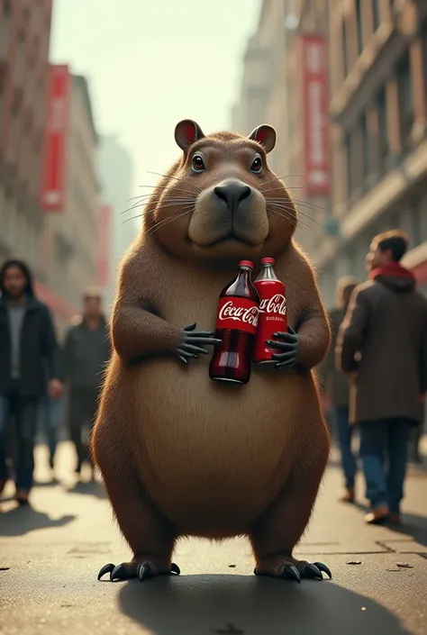 Sad capybara going shopping with a bottle of Cocacola