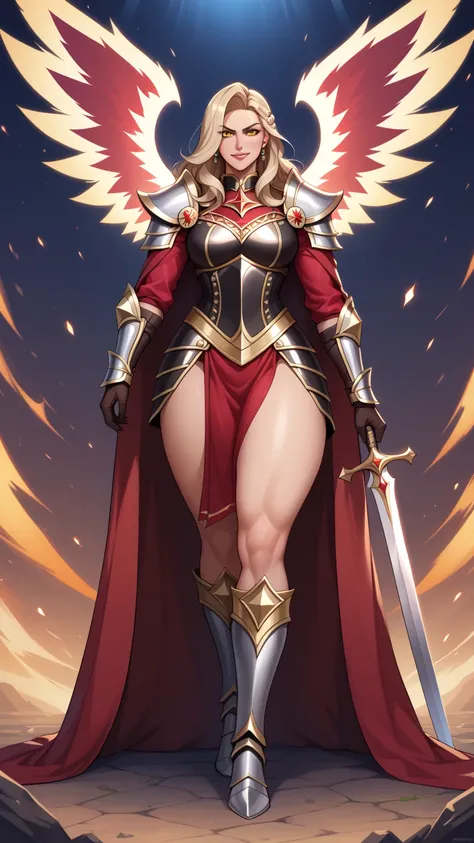 *"A stunning, highly detailed depiction of a powerful and sexy female knight, designed as a masterpiece in 4K. She stands tall in a breathtaking set of red, gold, and black armor—an intricate fusion of celestial elegance and ruthless brutality. Her long, f...