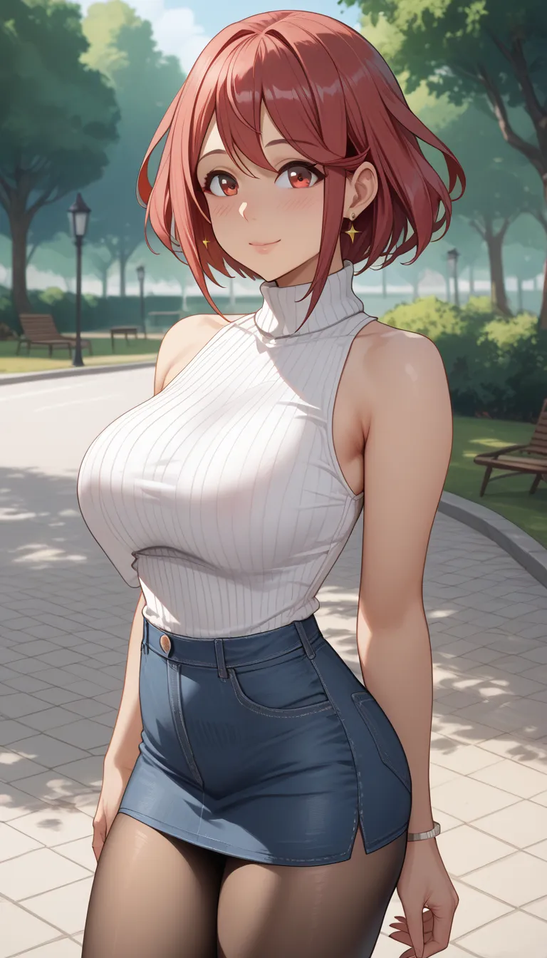  score_9,  score_8_up,  score_7_up,  source_ anime、Highest quality、8k、 masterpiece、super high definition、natural light、perfect anatomy、one woman、saggy breasts、glamorous physique、Pyra 、 cute face、(tight sleeveless rib knit sweater、 high neck)、denim micro sk...