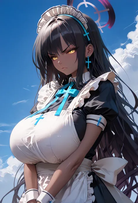 (((Kakudate Karin)))、((( black hair)))、((( long hair)))、(((Dark skin)))、(((purple ring on the head)))、(((maid outfit)))、((((( cross your arms a little)))))、((((( huge breasts))))),(((((V Sharp Eyebrow  ))))),((( looks away)))、,(anger)、(((Faint)))、((blue sk...