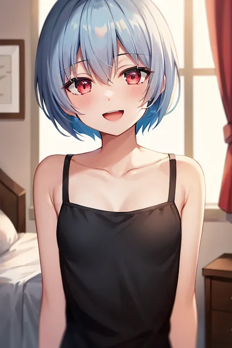 ((Highest quality)), ((masterpiece)), (be familiar with), perfect face, indoors, bedroom, watching viewers,
One woman, Rei Ayanami,
open mouth, ecstatic expression, blush, smile,
 small tits, flat chest, Young girl,  lori,  ,  girl,
Short Hair, short hair,...