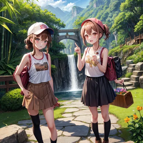 pink brown brown gold hair、 eye、  Has hair tied  、Two cute people、 check miniskirt、  black t-shirt、 Light clothing、 tank top outside of anime、 camisole、high socks、 Boots、 teeth inside、  The Road Is Crooked 、Mountain々、Stick together  、 bamboo forest、 chest ...