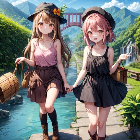 pink brown brown gold hair、 eye、  Has hair tied  、Two cute people、 check miniskirt、  black t-shirt、 Light clothing、 tank top outside of anime、 camisole、high socks、 Boots、 teeth inside、  The Road Is Crooked 、Mountain々、Stick together  、 bamboo forest、 chest ...