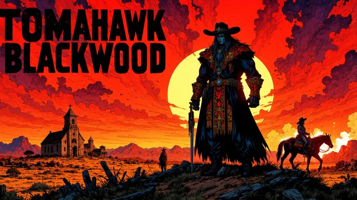  masterpiece, 8K cinematic comic style by Milo Manara, "Create a cover of Blueberry-style western with the silhouette of Tomahawk Blackwood against a dramatic sunset. Use Giraud's characteristic detailed line and rich colors. The protagonist appears as par...