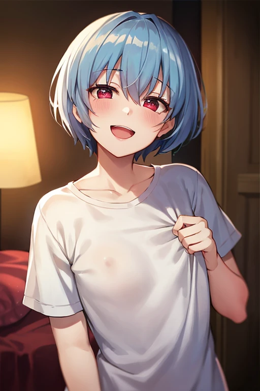 ((Highest quality)), ((masterpiece)), (be familiar with), perfect face, indoors, bedroom, watching viewers,
One woman, Rei Ayanami,
open mouth, ecstatic expression, blush, smile,
 small tits, flat chest, Young girl,  lori,  ,  girl,
Short Hair, short hair,...