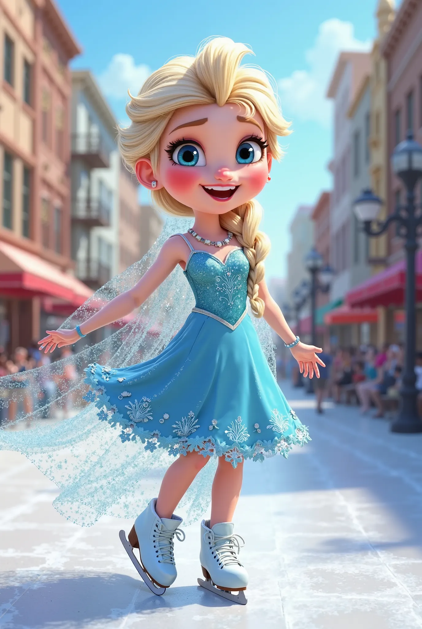 Tip: A very lovely Elsa from FROZEN being happy in Downtown San Diego in the sun… The illustration is a high definition illustration with 4k resolution., with highly detailed facial features and cartoon style visuals, light blue figure skater dress, suntan...