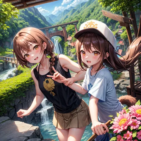 pink brown brown gold hair、 eye、  Has hair tied  、Two cute people、 check miniskirt、  black t-shirt、 Light clothing、 tank top outside of anime、 camisole、high socks、 Boots、 teeth inside、  The Road Is Crooked 、Mountain々、Stick together  、 bamboo forest、 chest ...