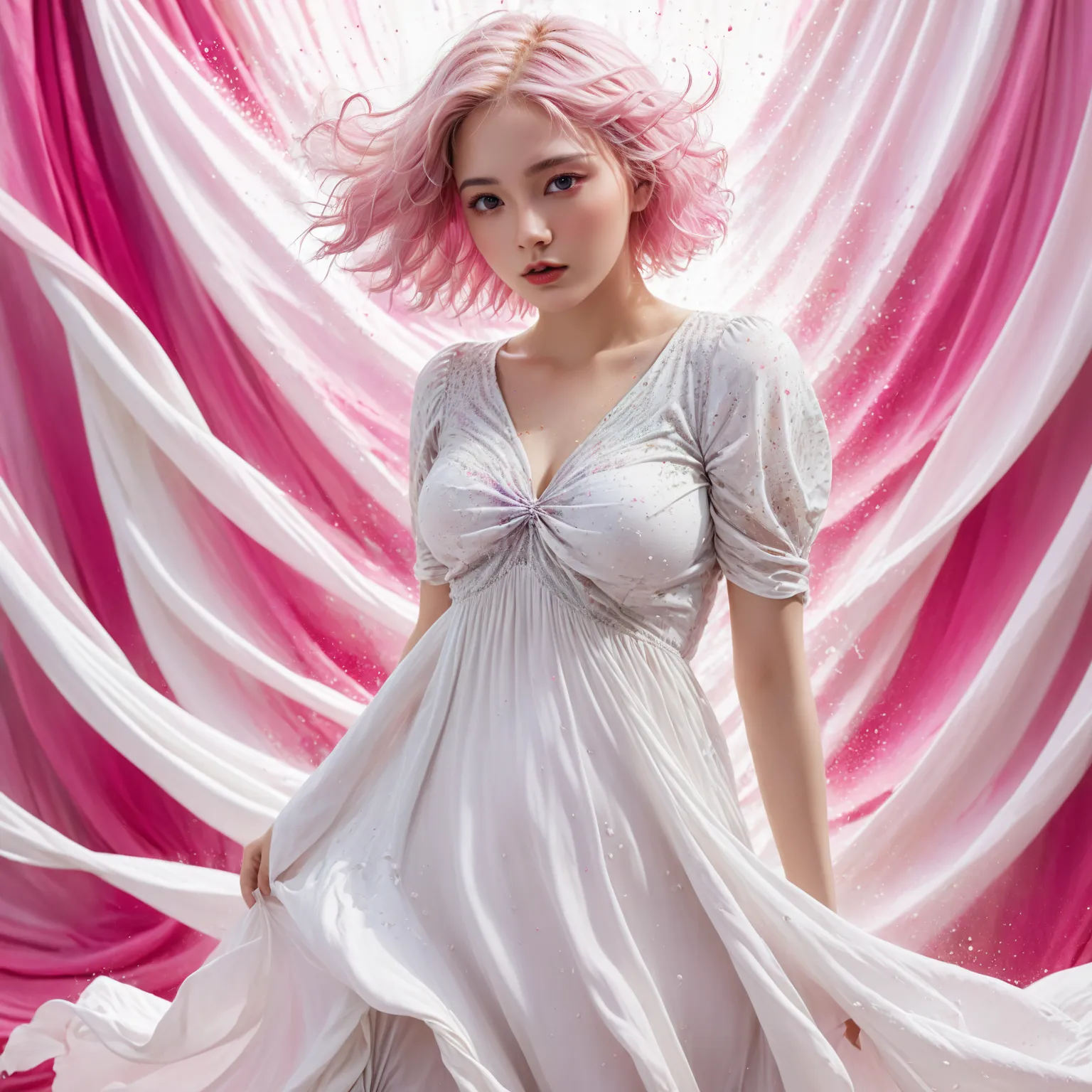 big breasts、Light pink hair, pink eyes, Pink and white, , Vivid Colors, white dress,  Paint Splashes, simple background, ray tracing, wave hair