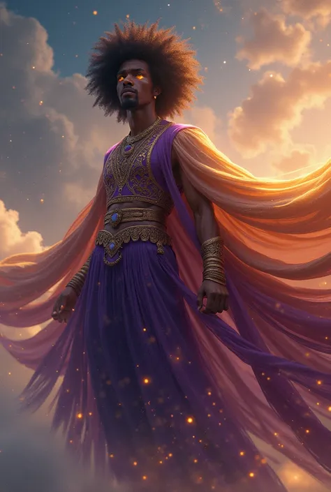 Can you make a black man with Afro hair and purple and gold garment with fire eyes flying through the sky angry and with fringes on the garment 