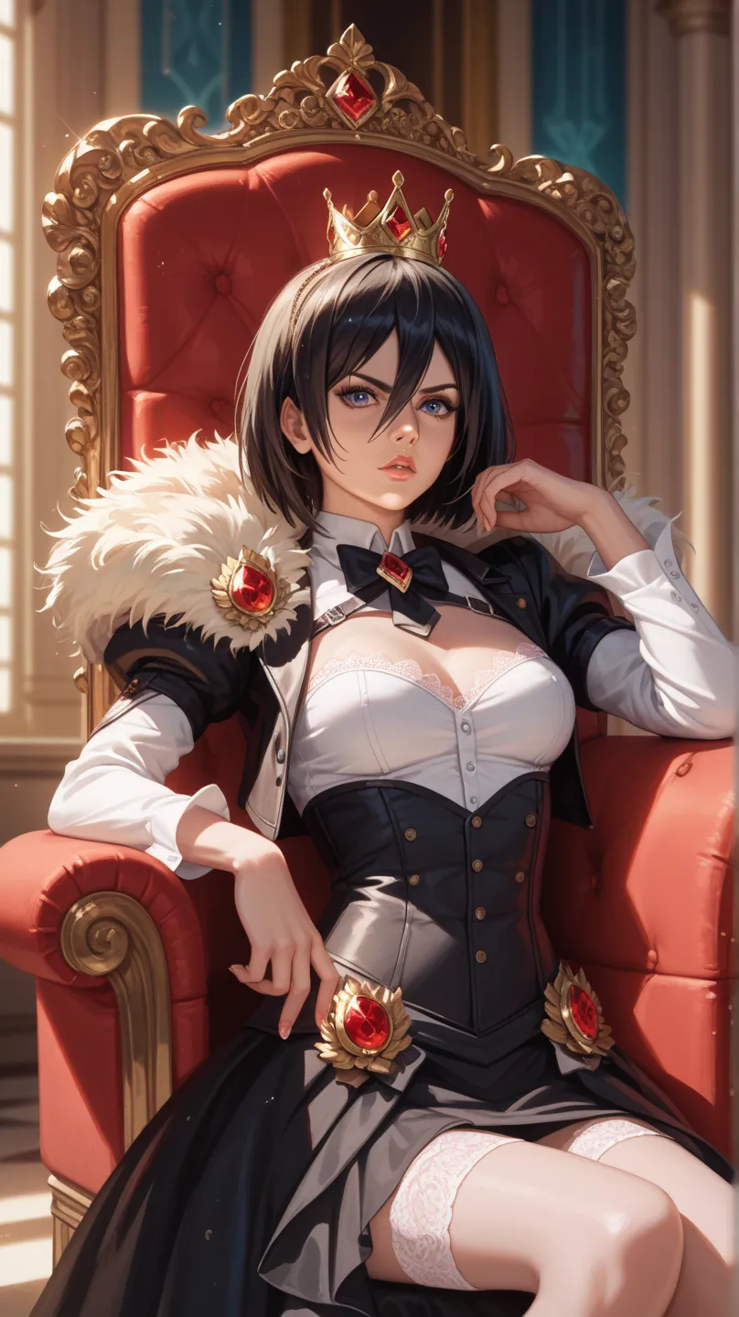 Mikasa Ackerman beautiful, Wearing a queen's dress with her crown, Sitting on a queen's throne  