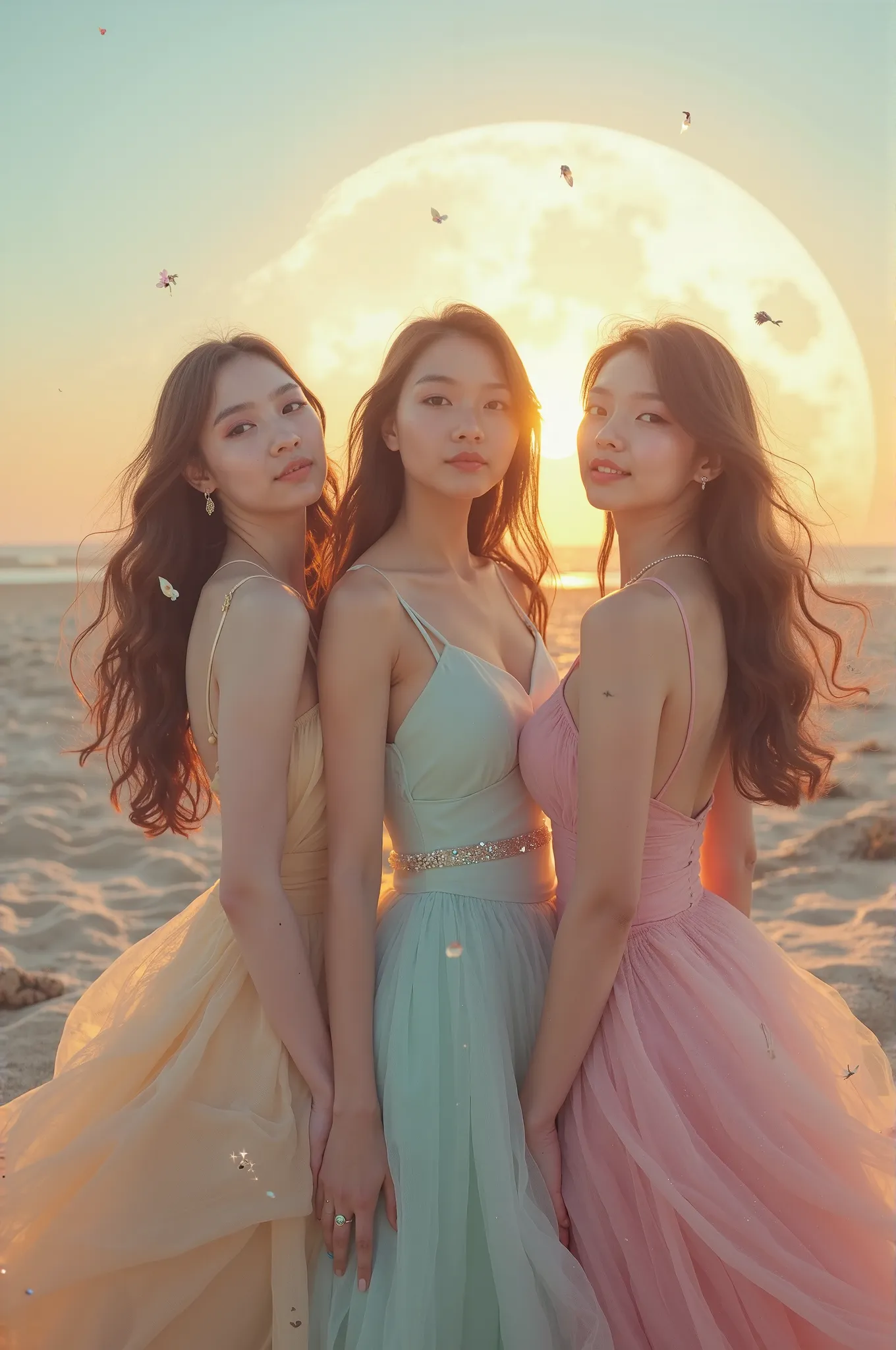 I'm taking photos for a new concept album. Create a girl group concept photo in the style of "MOONLIGHT SUNRISE"