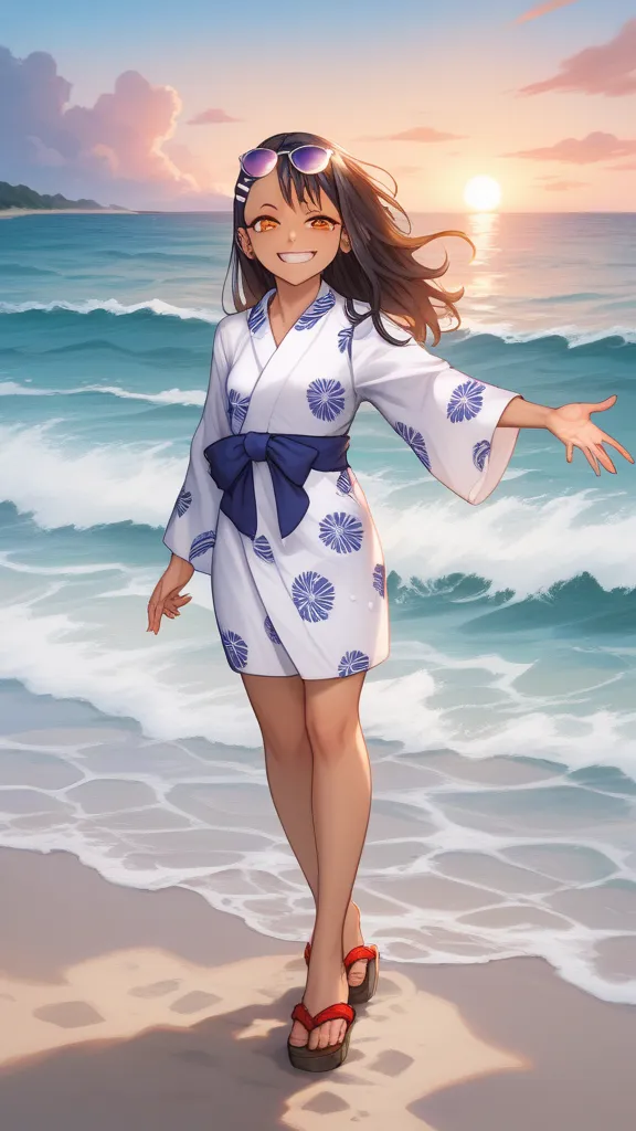 

"Hayase Nagatoro walks barefoot on the beach, feeling the gentle sea breeze caress her dark and slightly messy hair. She wears a *Yukata* printed with floral motifs, that sways gently in the wind, revealing a relaxed look full of personality. Her feet si...