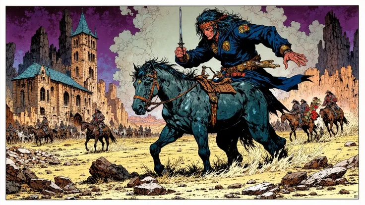 "Create a Blueberry-style illustration by Jean Giraud, depicting Tomahawk Blackwood as a frontier ghost. Capture Giraud's mastery in western environments with detailed buildings, authentic period clothing and the severe beauty of the border. Position Black...