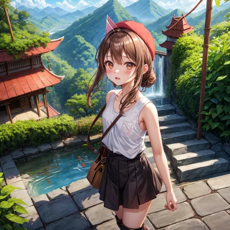 pink brown brown gold hair、 eye、  Has hair tied  、Two cute people、 check miniskirt、  black t-shirt、 Light clothing、 tank top outside of anime、 camisole、high socks、 Boots、 teeth inside、  The Road Is Crooked 、Mountain々、Stick together  、 bamboo forest、 chest ...