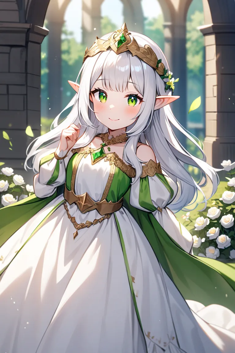  an Elf looking like she's , a beautiful cheerful smile, cute and innocent wearing a medieval white dress with green adornments, dressed as a princess, beautiful bright green eyes and medium shiny white hair, with a tiarinha of beautiful flowers