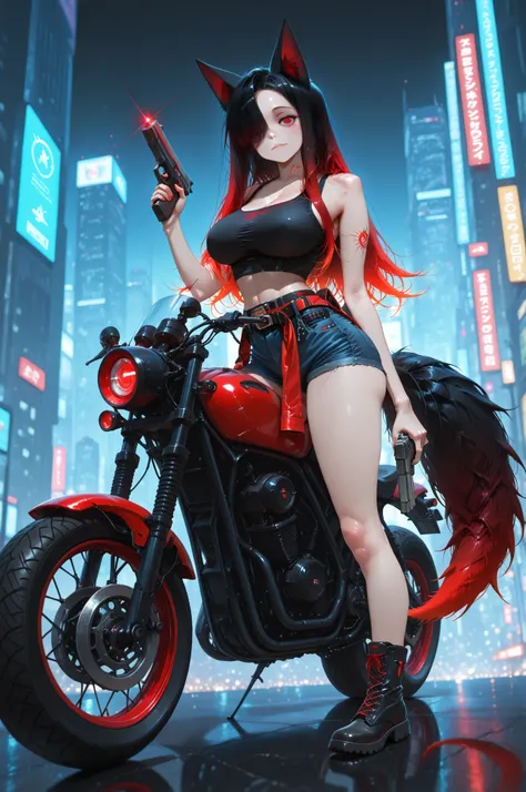 masterpiece, best quality, amazing quality, absurdres, 1female, fox girl, Kuroki Monika, black and red fox ears, black fox tail with red tip, red eyes, gradient hair, black and red hair, long hair, asymmetrical hairline, hair over right eye, large breasts,...