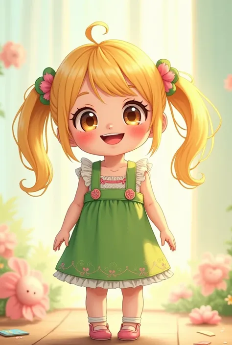 Cute anime girl. Blonde hair and green kawaii clothes 