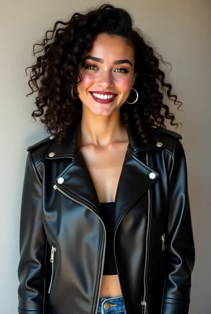 a young woman 22 years old . She has medium curly black hair and a warm smile, with light skin tone and  hazel eyes with  eyelinear ,burgundy lipgloss and blusher. She is wearing black leather jacket and blue Jeans.