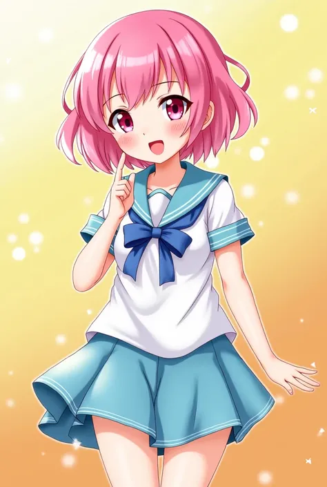 Anime girl with short pink hair and pink eyes, Wearing light blue and white short sleeved and untucked sailor shirt, wearing light blue mini skirt, cheerful