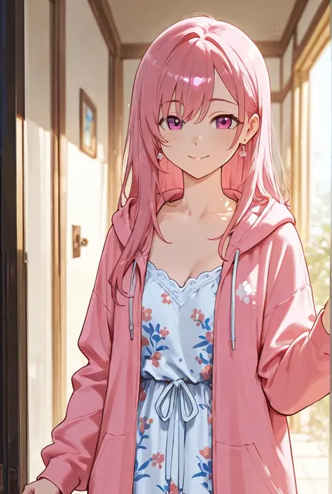 Girl,long hair,pink colour hair ,hoodies, dress should not cover her vaist