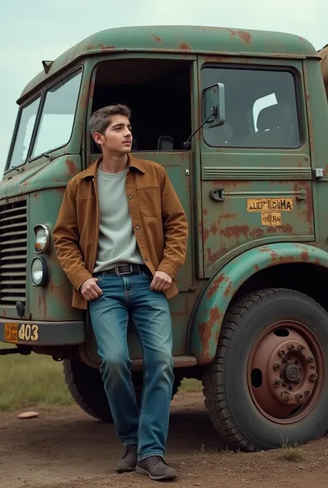 A 20-year-old man is leaning against the open door of a very old Mercedes 1113 truck, The photo should show the whole truck The photo was taken 10 meters away from the person, She should look at the picture