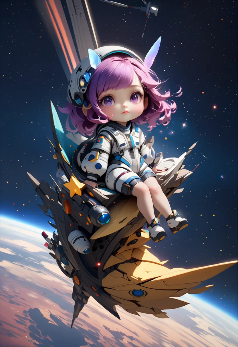  asterpiece, (highest quality, create a high resolution,4K, 8k),(realistic, Photorealistic: 1.5),(((( waiting for someone in space))))、deformed character, chibi style,anime style,  fantasy、A beautiful space fairy you've never seen is sitting on a space tre...