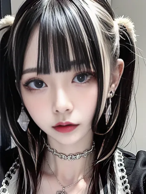 4K - ultra-vivid、Highest quality, masterpiece,  super high definition , (reality: 1.4), 1 girl, blue eyes, Cinema Lighting、 silver and black hair 、(earrings、たくさんのearrings)、, RAW photo, 8k, (Highest quality), realistic, (live-action, complicated details), (...