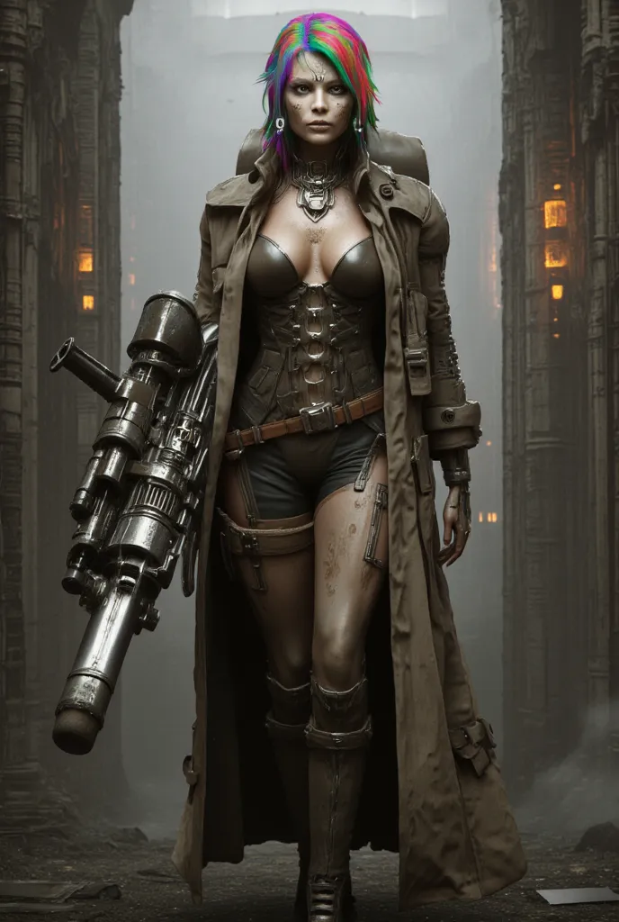 Strong Girl with a rough face, long old and worn open trench coat, eye bionic, developed breasts, rainbow-colored hair, architectural arm, military boots, futuristic light rifle