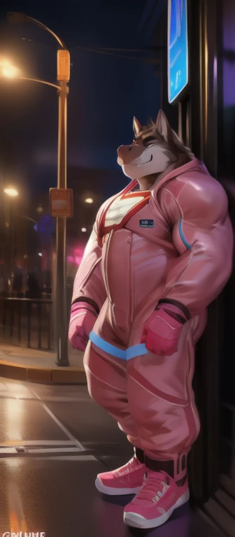   alone  , Male​ tall​., huge body,​standing, street , hippo wolf , ​ heavy  เกินพิกัด,   muscle bound , pink Military Spacesuit,Smirking, by chunie  