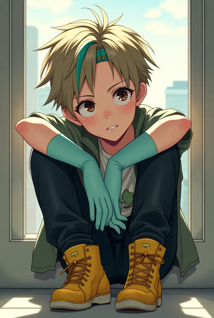 Draw an anime-style boy,  with dark brown eyes, high,  light leather balcony, green hair with blue stripes With black pants and yellow shoes and aqua-colored gloves, with a shy personality, with a limb that reaches up to the knees