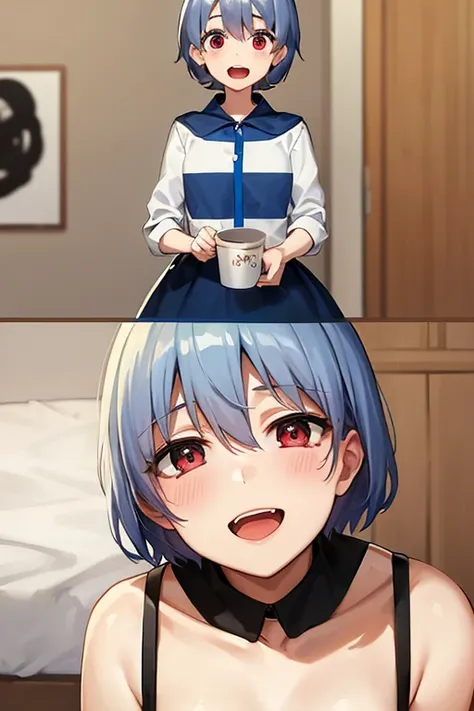 ((Highest quality)), ((masterpiece)), (be familiar with), perfect face, indoors, bedroom, watching viewers,
One woman, Rei Ayanami,
open mouth, ecstatic expression, blush, smile,
 small tits, flat chest, Young girl,  lori,  ,  girl,
Short Hair, short hair,...