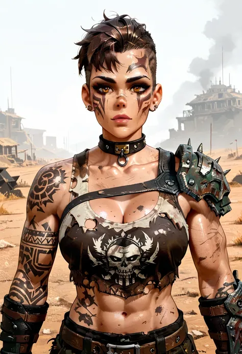 ((( whole body ))), master part, best quality , super detail beautiful woman, Tank Girl com cara de maluca, whole body, redhead Asymmetric Undercut Haircut hair, punk girl, post-apocalyptic world, torn and dirty clothes , Asymmetric Undercut Haircut, sides...