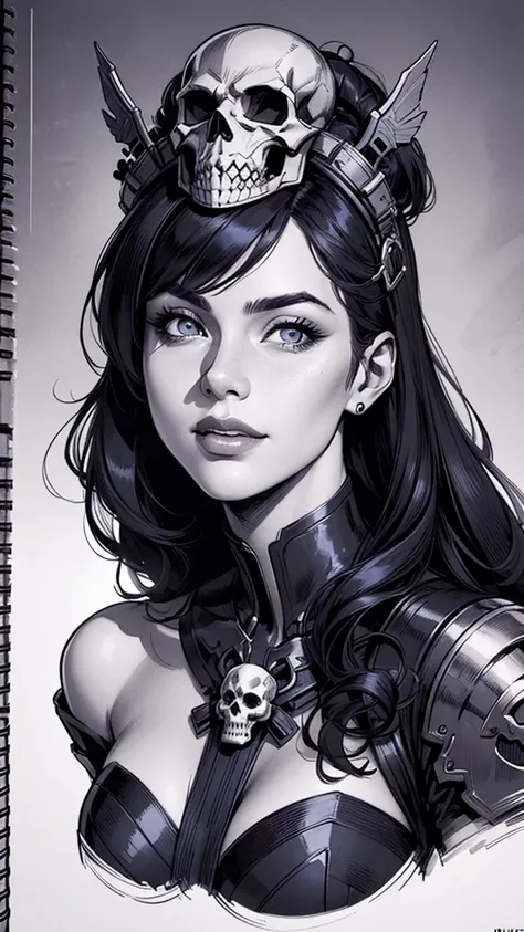 a drawing of a woman with a helmet and skulls on her shoulder,  incredibly detailed line work, Mark Brooks detailed, high detail comic book art, very coherent. high detail, detailed portrait of a matte fantasy, Chris Moore. germ of art,  extremely detailed...