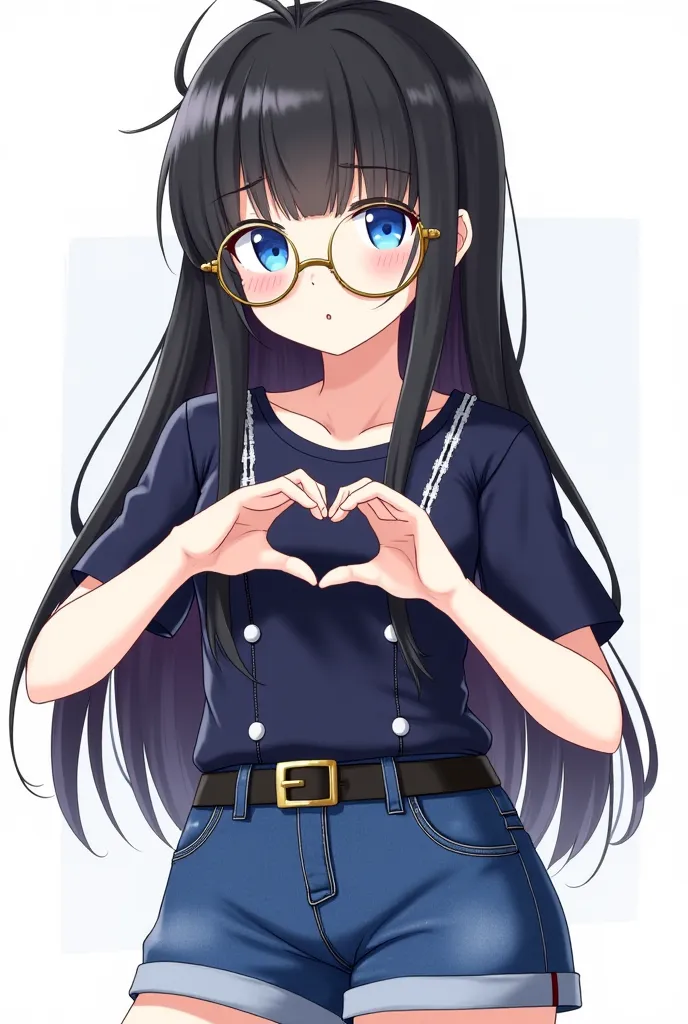 Female character full of Free Fire with long black hair with bangs, earpiece with black mass on top, round gold glasses, blue eyes, dark blue top with white details, blue denim shorts with a black belt around the waist, side pose making a heart with your h...