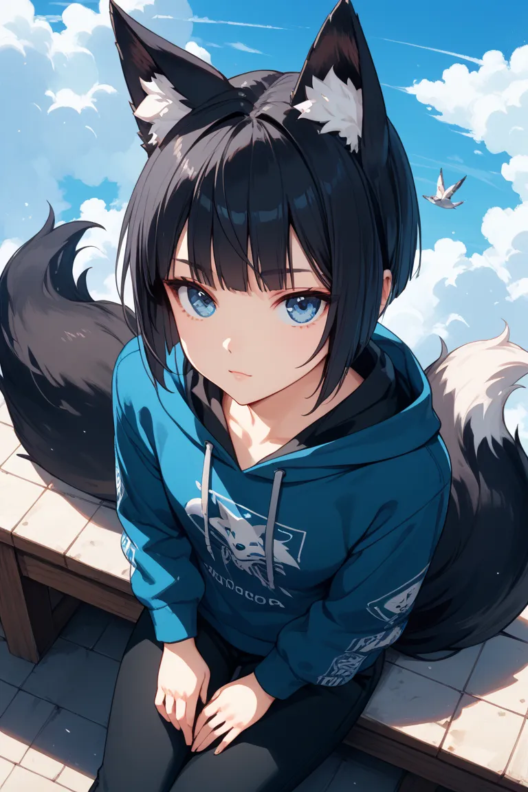 1 person、 neutral、 fox ears、 fox tail 、is sitting、from above、 black hair、wolf cut、 sky blue eyes、Solid Color Hoodie 、 long pants、Highest quality、uncorrected