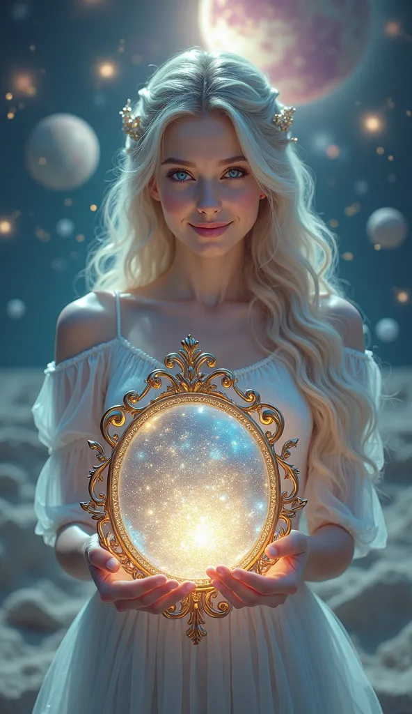 Fantastic Space　large pink gold mirror
A beautiful and cute woman　smile　holds a pink gold shining mirror in her hand。
