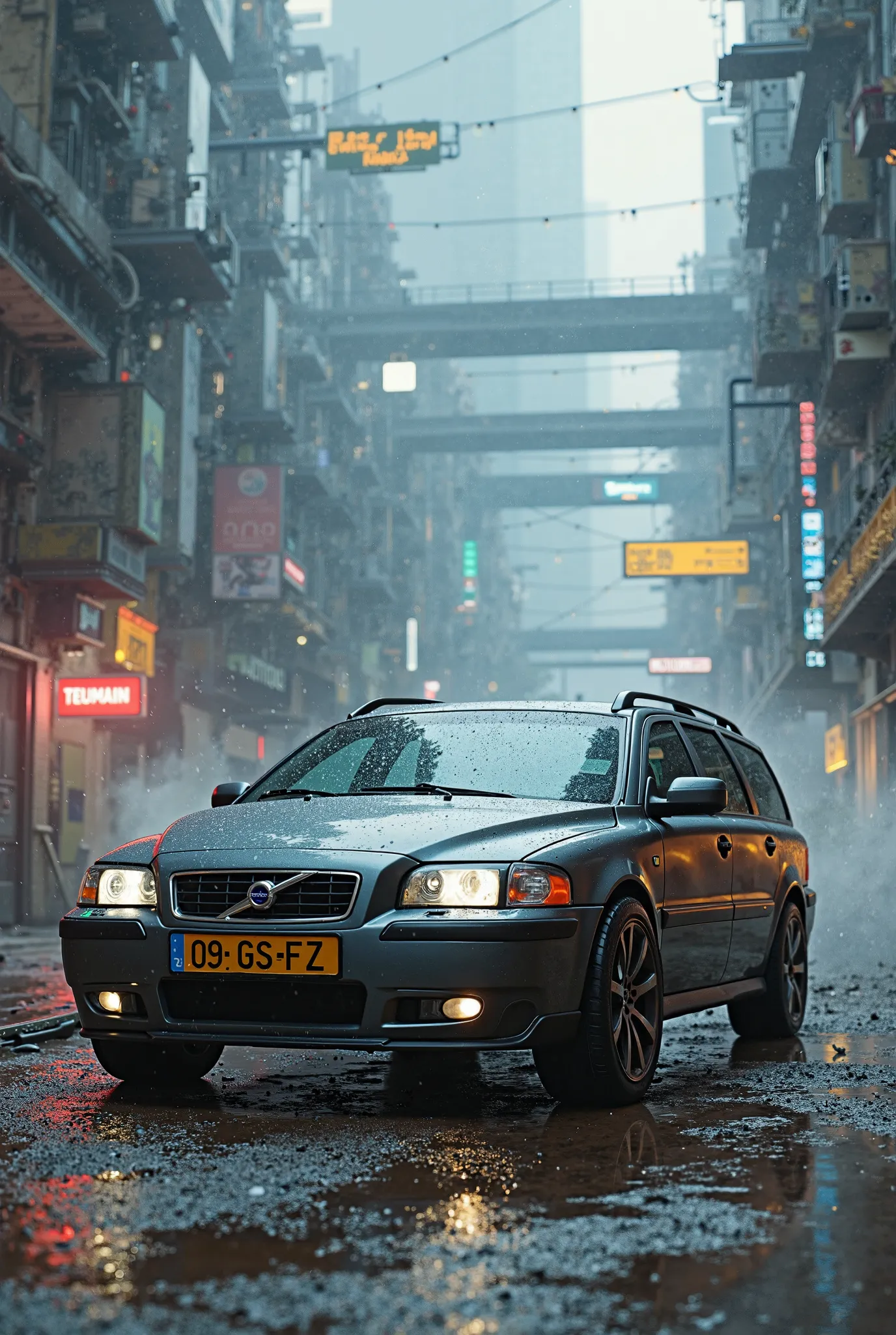 Please generate 4K wallpaper for desktop featuring a Volvo V70 P2 from year 2002, in gray color, in cyberpunk scenario. Please include a yellow numberplate 09-GS-FZ