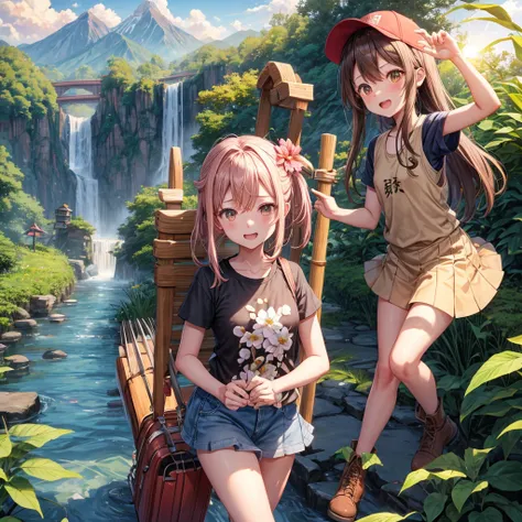 pink brown brown gold hair、 eye、  Has hair tied  、Two cute people、 check miniskirt、  black t-shirt、 Light clothing、 tank top outside of anime、 camisole、high socks、 Boots、 teeth inside、  The Road Is Crooked 、Mountain々、Stick together  、 bamboo forest、 chest ...