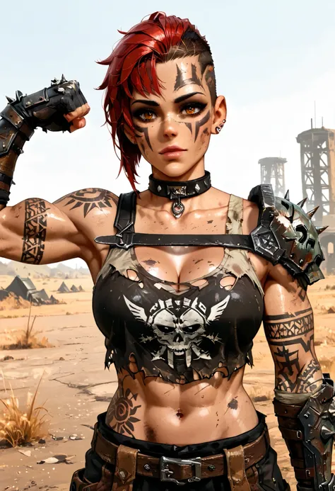 ((( whole body ))), master part, best quality , super detail beautiful woman, Tank Girl com cara de maluca, whole body, redhead Asymmetric Undercut Haircut hair, punk girl, post-apocalyptic world, torn and dirty clothes , Asymmetric Undercut Haircut, sides...