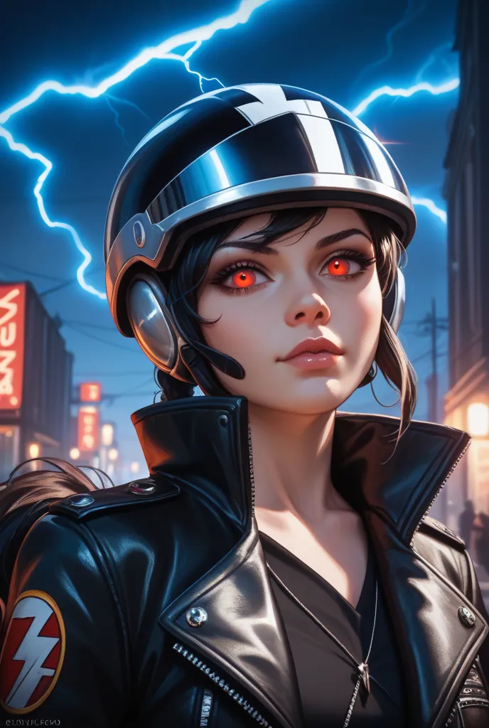 Create a man biker with a Pikachu helmet in a dark city with a lighting bolt in the background  and and also next to him add a most beautiful princess 