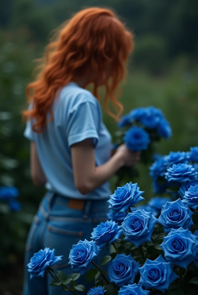 Let a red-haired woman be dull in the back,cutting and caring for blue roses,She grows blue roses herself,Let the face not be visible, let it be a pants on top of it, a shirt,Let the color of the roses be night blue