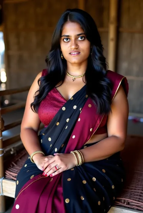 Hot curvy women, sitting in wooden bed tied of ropes,in a wine designer polka sleeveless blouse and black design saree,inside a hut,blue eyes,thick black eyeliners,eyelashes,red glossy lips,gold bangles in hand,both hands rested in wood of bed, looking str...