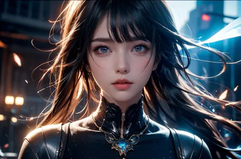 serious anime girl with long straight black hair with bangs, she is a warrior holding a futuristic gun on the right hand, horizontal frame, 8K, detailed facial features, determined expression, dynamic pose, high-tech environment, neon lighting, cinematic l...