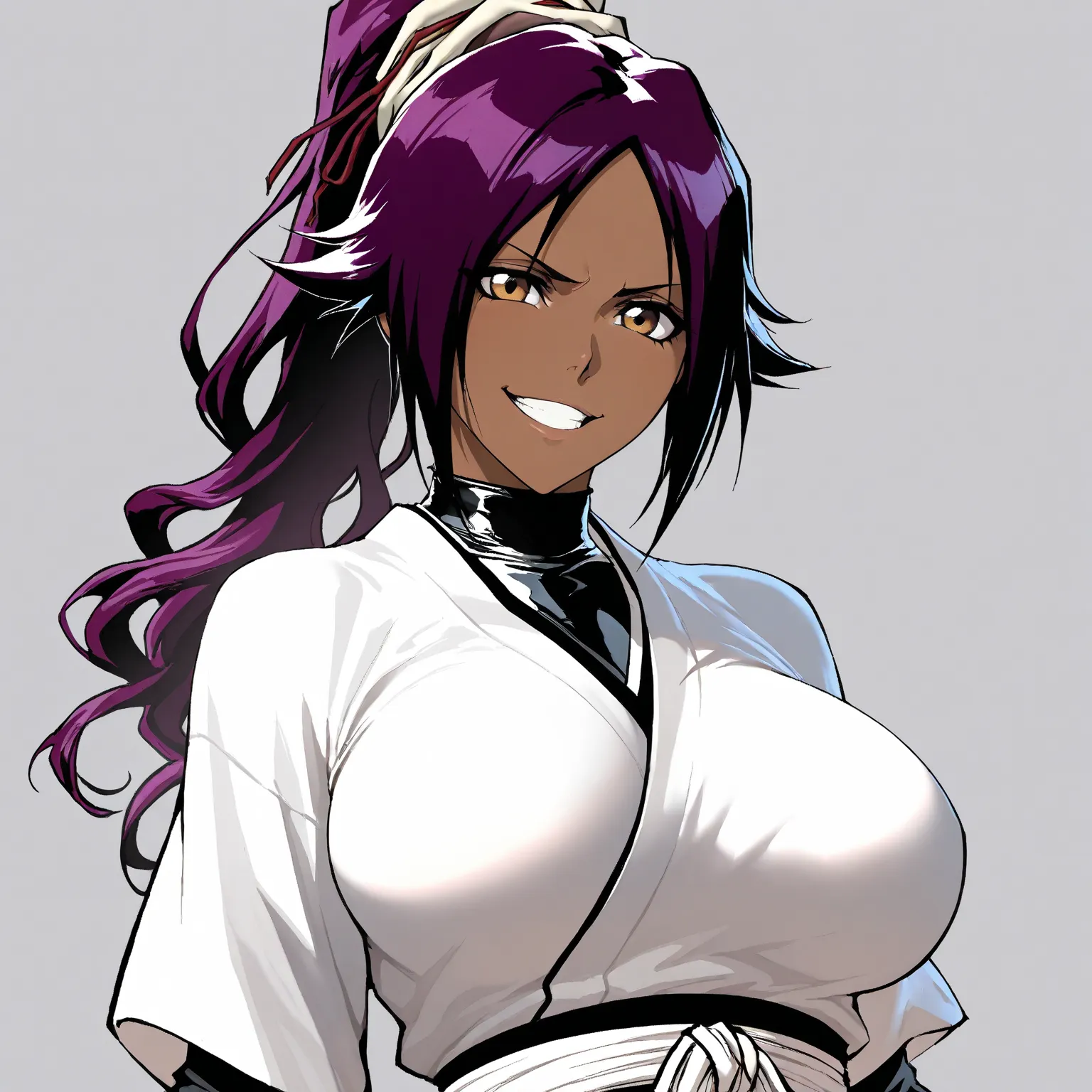 Stunningly attractive woman, Yoruichi, Bleach, High Resolution, Masterpiece, 1girl, large breasts, glistening, grin, impeccable physical shape, different hairstyles, different clothing, different clothing styles, different clothing, Solo, curly hair