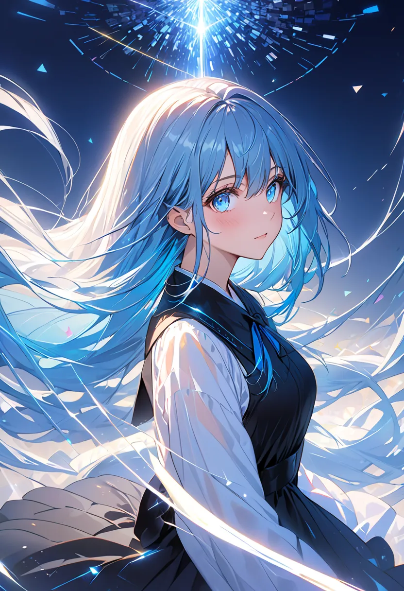 ((masterpiece)), (best quality), ( exhaustive), (1 girl), (Internal Data Stream) light blue gradation hair, Light blue sparkling eyes ,  straight hair ,  wearing a modern white shirt and black dress,  covered in data particles , Locked around the neck