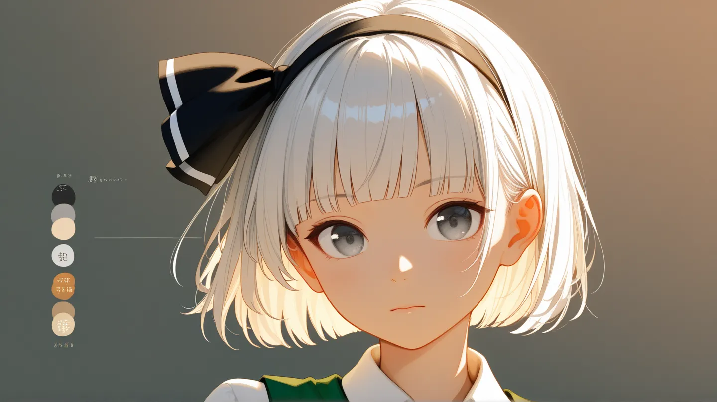 {{konpaku youmu}}, grey eyes, hair ribbon, short white hair, blunt bangs, , black , ,1girl,coll