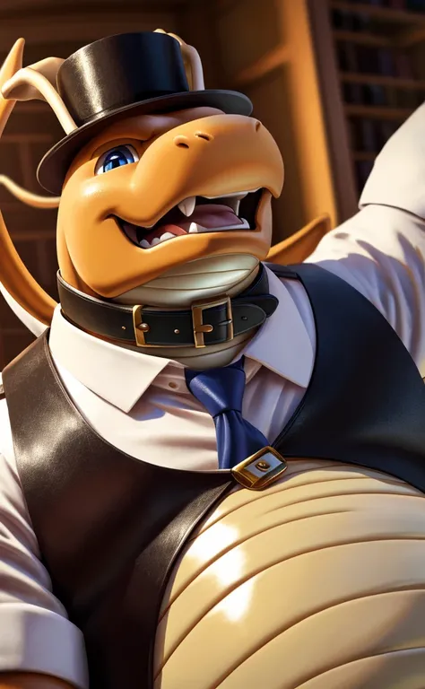 Solo, Male, close up, fat, musclegut, obese, steampunk, gentleman, dapper Dragonite, blue eyes, wearing a big leather collar around his neck, (Perfect Leather Collar:1.3), (soft shading), 4k, hi res, ((detailed face, detailed)), looking at viewer, evil gri...