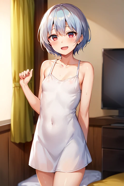 ((Highest quality)), ((masterpiece)), (be familiar with), perfect face, indoors, bedroom, watching viewers,
One woman, Rei Ayanami,
open mouth, ecstatic expression, blush, smile,
 small tits, flat chest, Young girl,  lori,  ,  girl,
Short Hair, short hair,...