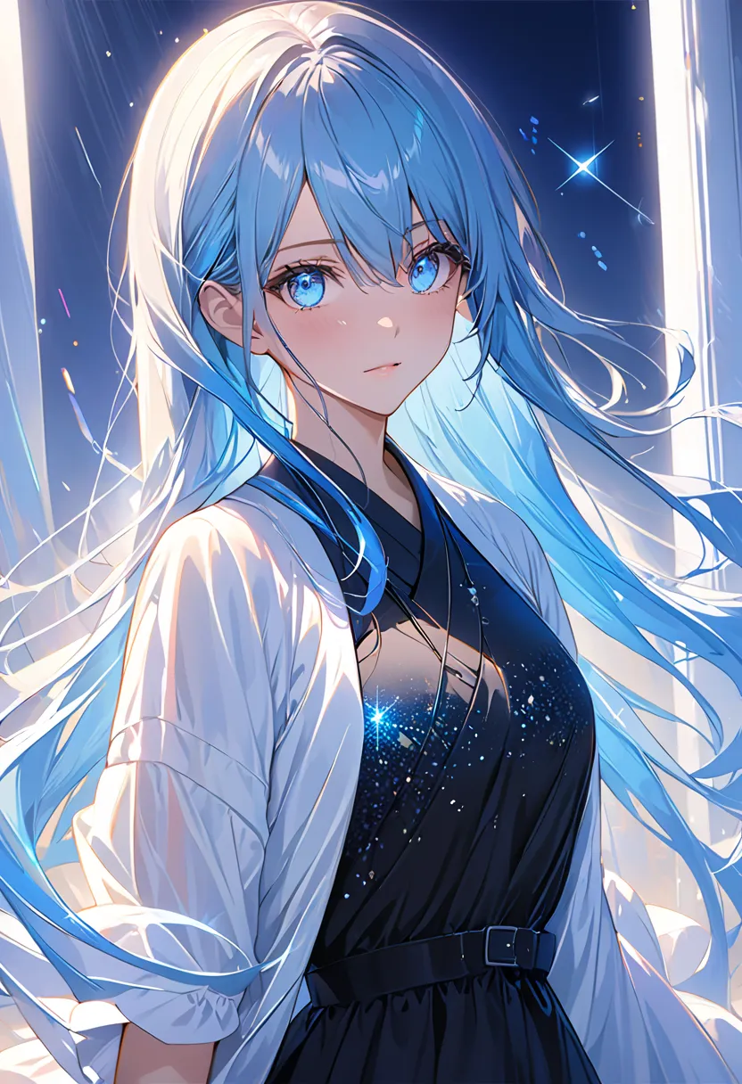 ((masterpiece)), (best quality), ( exhaustive), (1 girl), (Internal Data Stream) light blue gradation hair, Light blue sparkling eyes , straight hair ,  wearing a modern white shirt and black dress,  covered in data particles , Locked around the neck